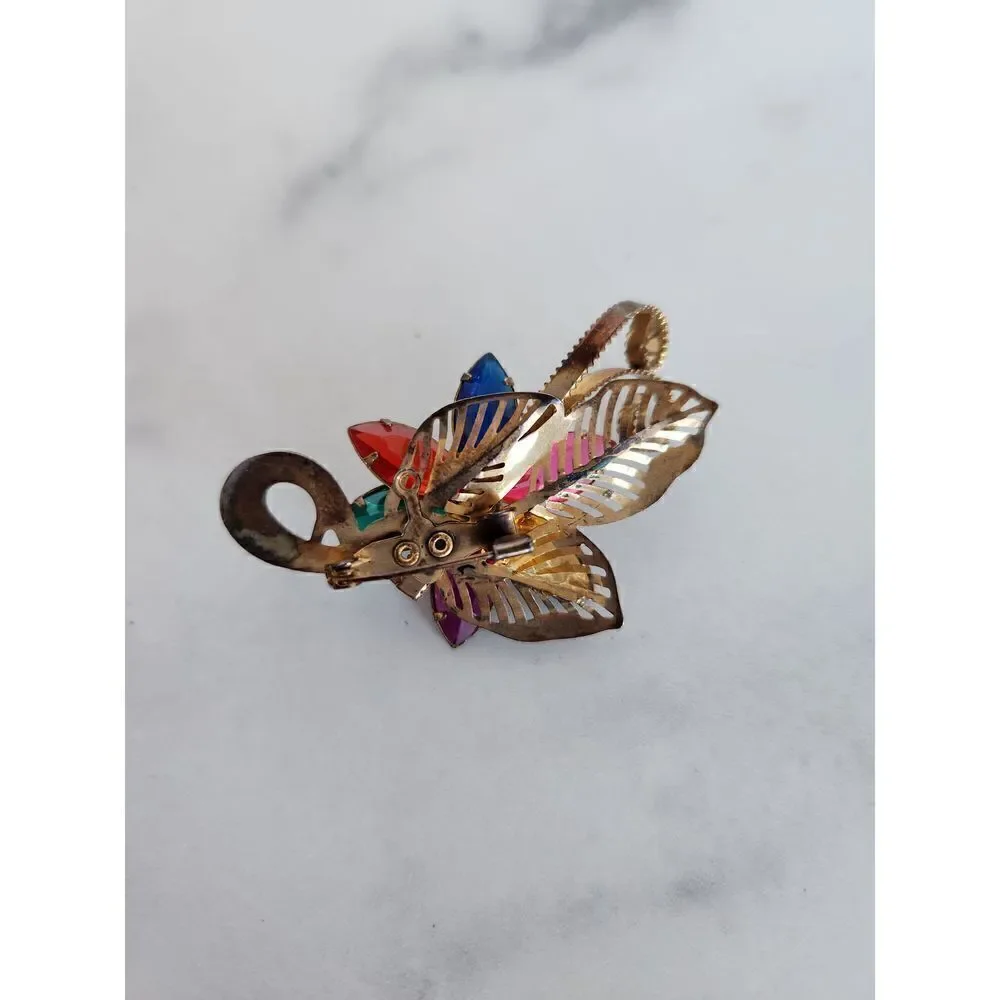 Vintage brooch floral multicolored gemstone rhinestone golden lightweight